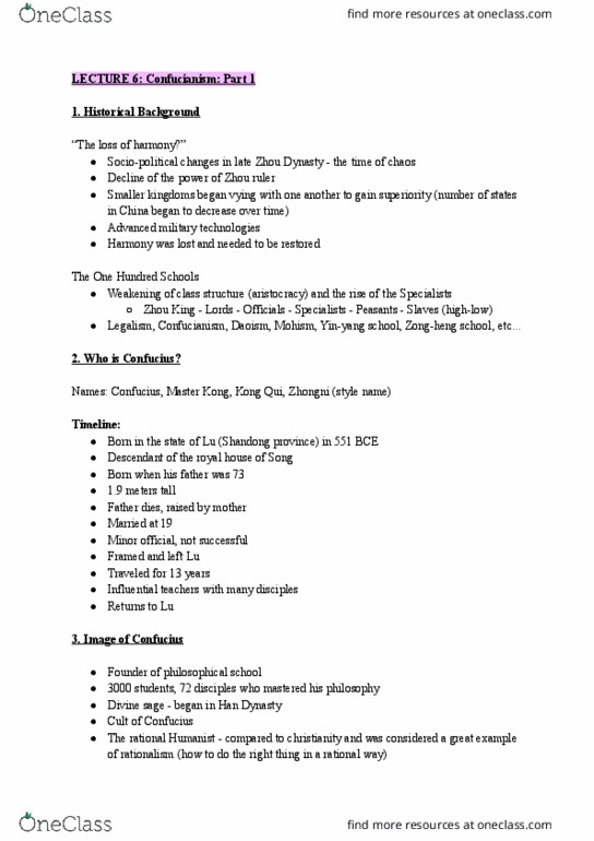 RELG 253 Lecture Notes - Lecture 6: Mohism, Taoism, Junzi thumbnail