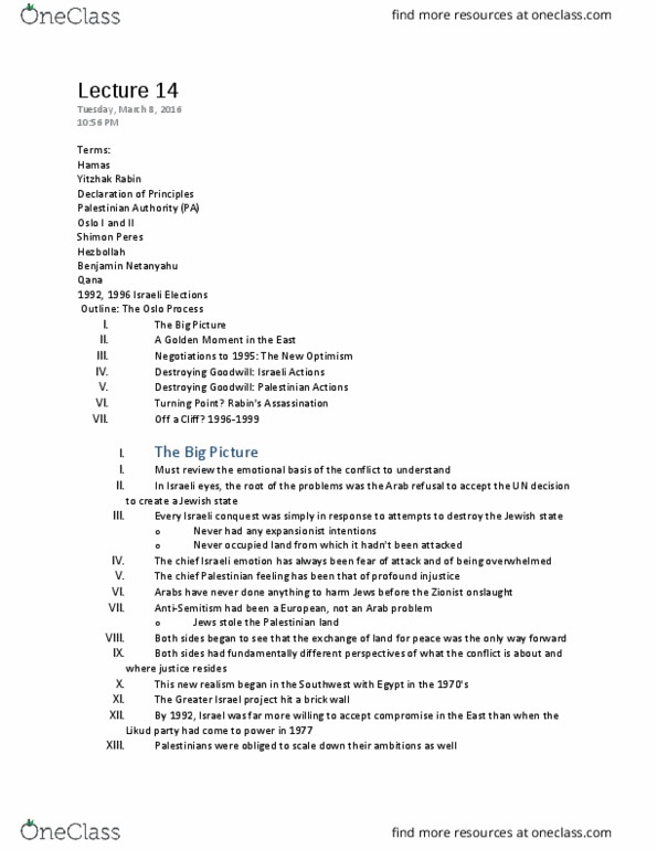 HISTORY 103 Lecture Notes - Lecture 14: Yitzhak Rabin, Oslo I Accord, Shimon Peres thumbnail