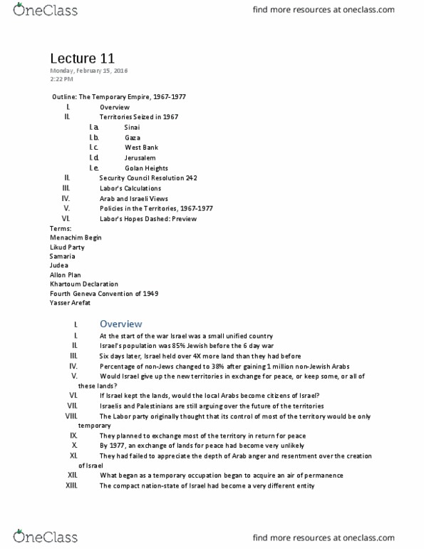 HISTORY 103 Lecture Notes - Lecture 11: East Jerusalem, United Nations Security Council Resolution 242, Menachem Begin thumbnail