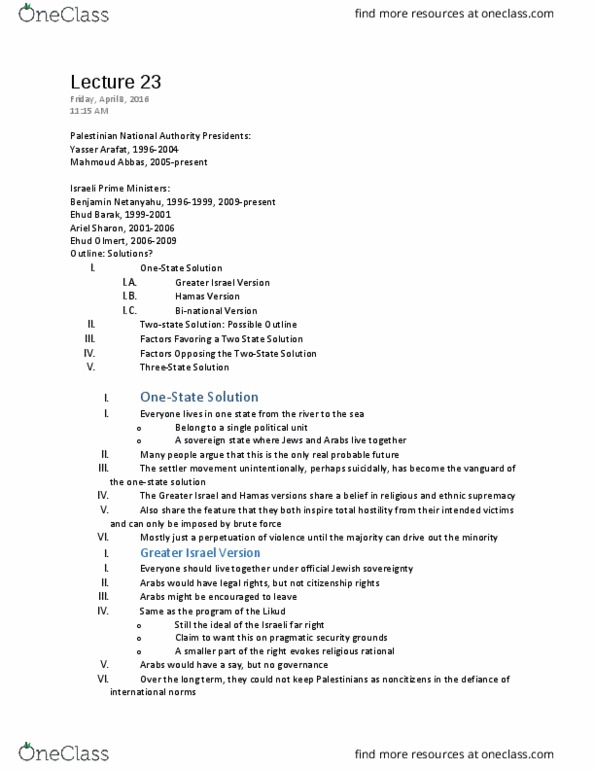 HISTORY 103 Lecture Notes - Lecture 23: Two-State Solution, Ehud Olmert, Ehud Barak thumbnail