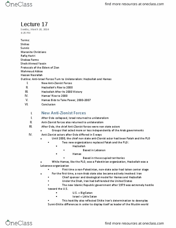 HISTORY 103 Lecture Notes - Lecture 17: Rafic Hariri, Shia Islam, Ahmed Yassin thumbnail