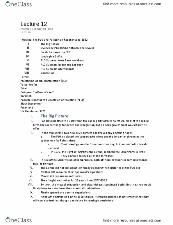 HISTORY 103 Lecture Notes - Lecture 12: Palestine Liberation Organization, Palestinian National Covenant, Palestinian Diaspora thumbnail