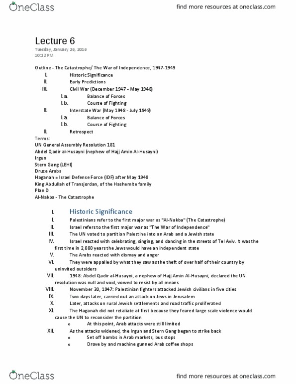 HISTORY 103 Lecture Notes - Lecture 6: United Nations Partition Plan For Palestine, Israel Defense Forces, Arab Liberation Army thumbnail