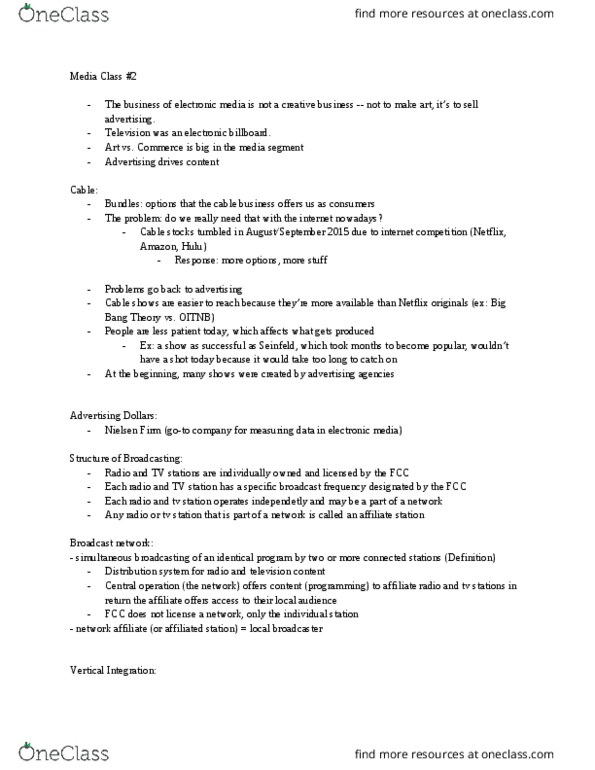 MUS 149 Lecture Notes - Lecture 10: Broadcast Network, Network Affiliate, Hulu thumbnail