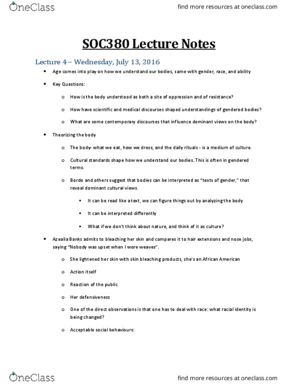 SOC380H5 Lecture Notes - Lecture 4: Skin Whitening, Azealia Banks, Hair Removal thumbnail