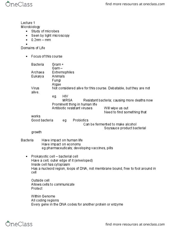 BIOL3149 Lecture Notes - Lecture 1: Prokaryote, Extremophile, Nucleoid thumbnail