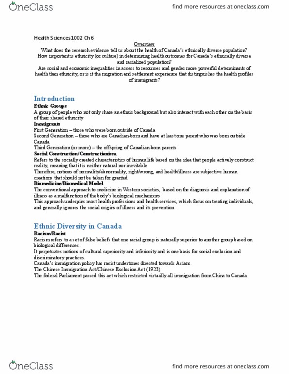 Health Sciences 1002A/B Chapter Notes - Chapter 6: Employment Equity (Canada), Acculturation, Social Inequality thumbnail