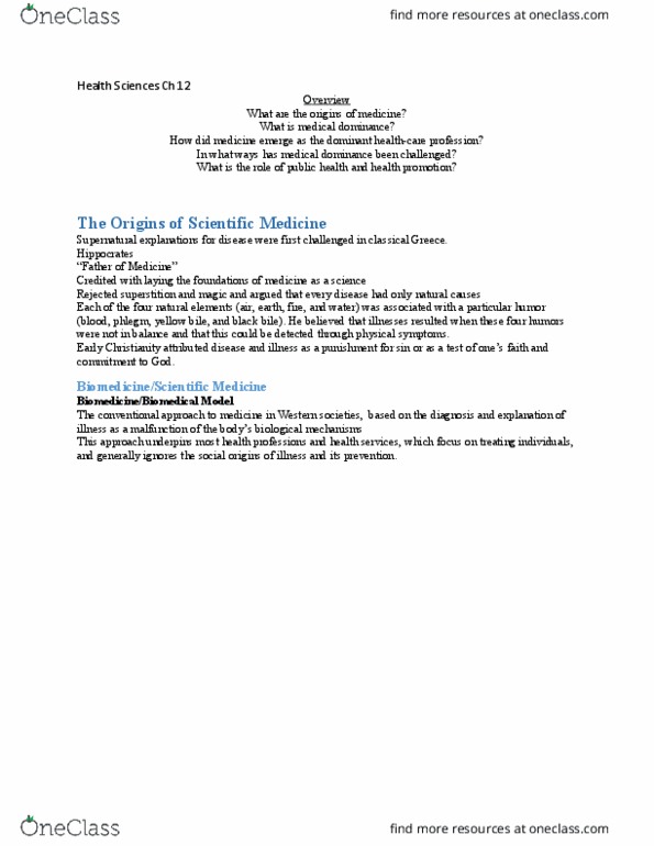 Health Sciences 1002A/B Chapter Notes - Chapter 12: Biomedicine, Alternative Medicine, Health Promotion thumbnail