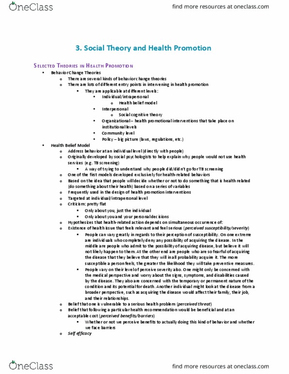 Health Sciences 2250A/B Chapter Notes - Chapter 3: Health Promotion, Health Belief Model, Social Inequality thumbnail