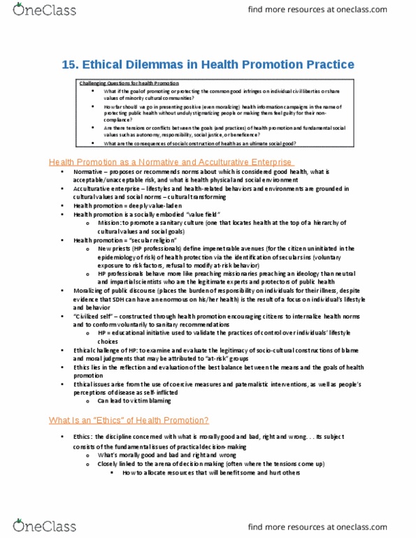 Health Sciences 2250A/B Chapter Notes - Chapter 15: Health Promotion, Ethical Dilemma, Applied Ethics thumbnail
