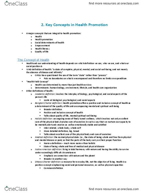 Health Sciences 2250A/B Chapter Notes - Chapter 2: Ottawa Charter For Health Promotion, Health Promotion, Health Education thumbnail