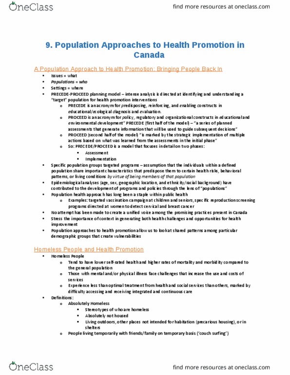 Health Sciences 2250A/B Chapter Notes - Chapter 9: Health Promotion, Austin Bradford Hill, Ottawa Charter For Health Promotion thumbnail
