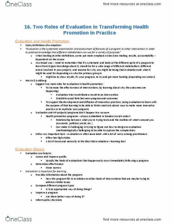 Health Sciences 2250A/B Chapter Notes - Chapter 16: Health Promotion, Summative Assessment, Free Range thumbnail