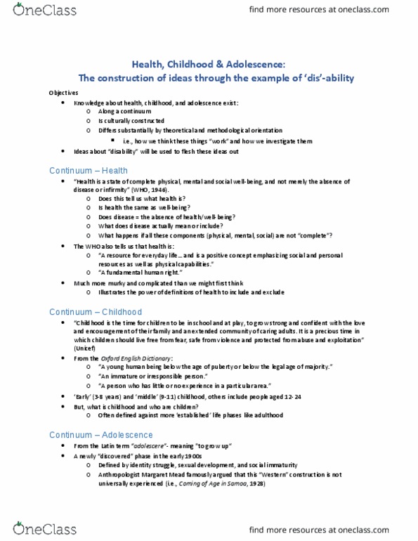 Health Sciences 2700A/B Lecture Notes - Lecture 1: Biomedical Model, Margaret Mead, The Who thumbnail