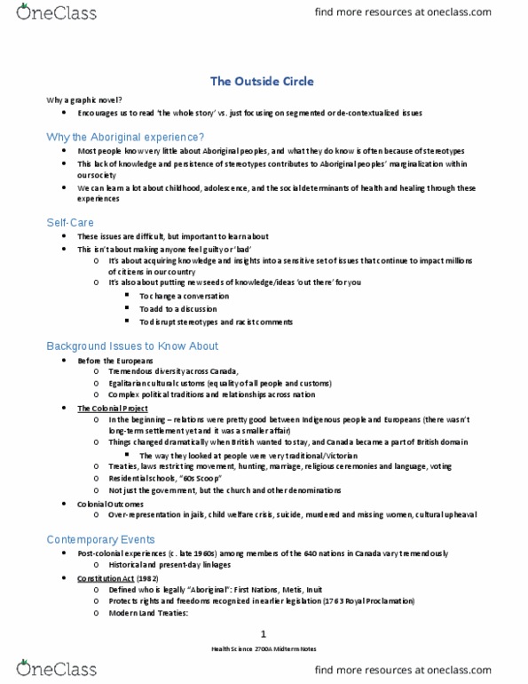 Health Sciences 2700A/B Lecture Notes - Lecture 9: National Indigenous Peoples Day, Idle No More, Structural Violence thumbnail