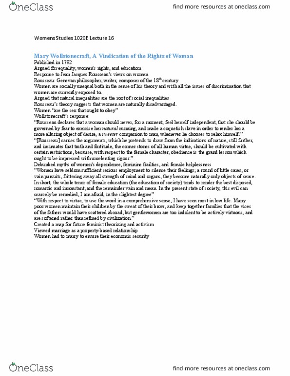 Women's Studies 1020E Lecture Notes - Lecture 16: Mary Wollstonecraft, Lucretia Mott, Olive Gilbert thumbnail