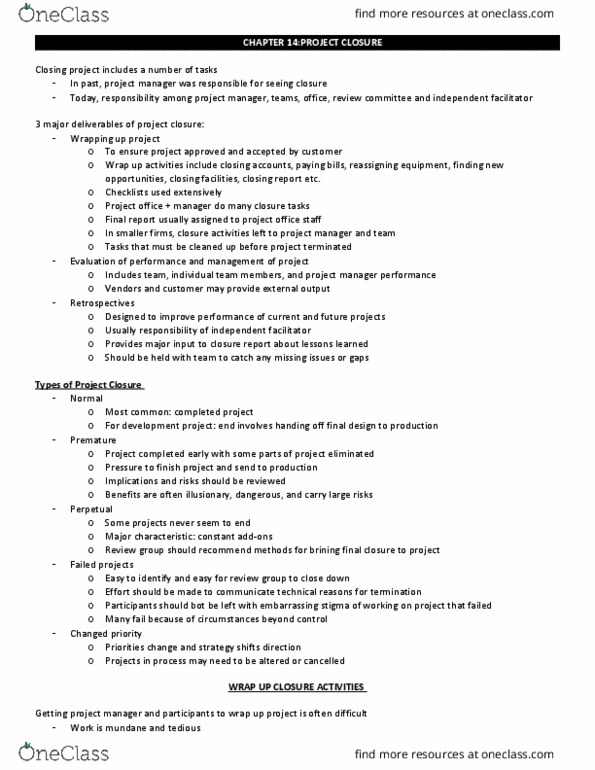 MGMT 4700 Chapter Notes - Chapter 10: Closure Phase, Project Manager, Organizational Culture thumbnail