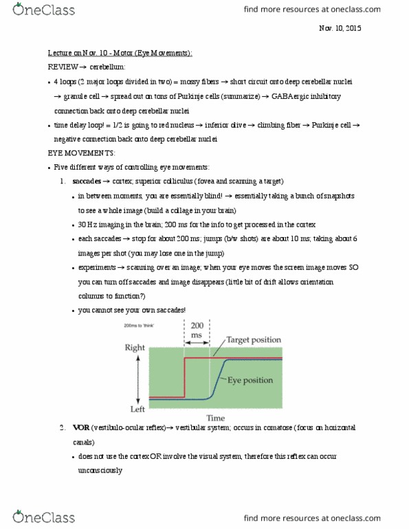 BIOL 3050 Chapter Notes - Chapter 20: Deep Cerebellar Nuclei, Purkinje Cell, Saccade thumbnail