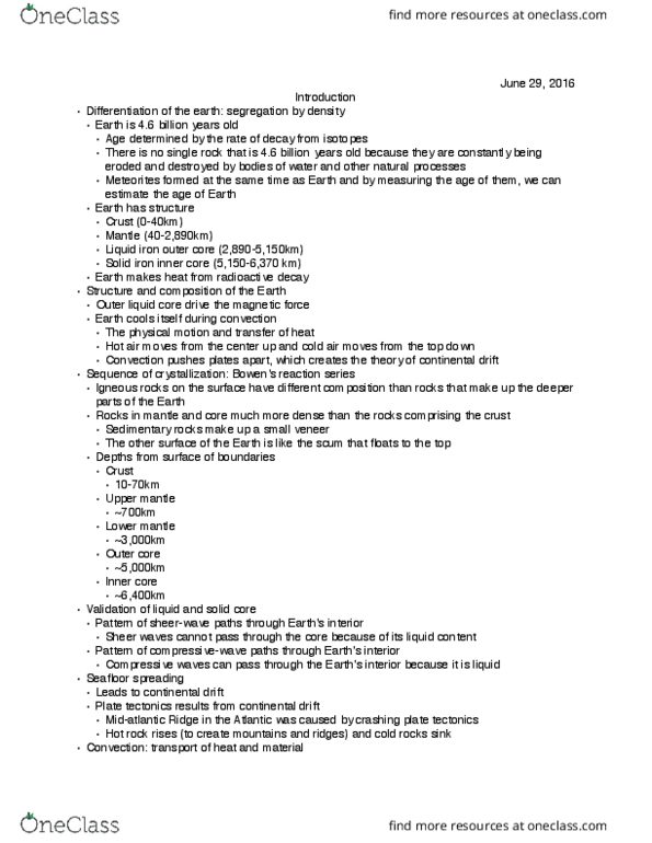 EARTH 119 Lecture Notes - Lecture 1: Continental Drift, Plate Tectonics, Outer Core thumbnail