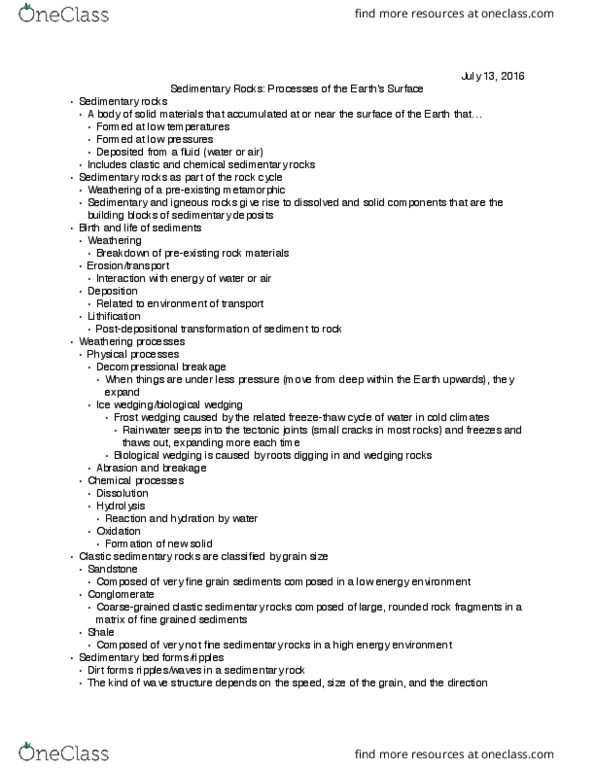 EARTH 119 Lecture Notes - Lecture 4: Clastic Rock, Hydrolysis, Speleothem thumbnail