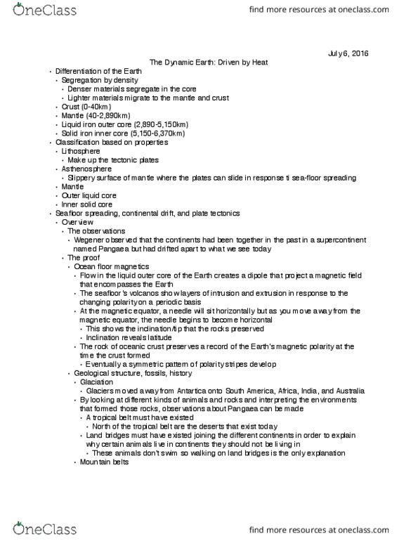 EARTH 119 Lecture Notes - Lecture 2: Dynamic Earth, Continental Drift, Oceanic Crust thumbnail