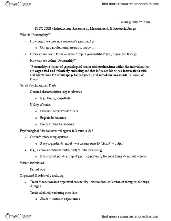 PSYC 2600 Lecture Notes - Lecture 1: Social Desirability Bias, Type A And Type B Personality Theory, Open Data Protocol thumbnail