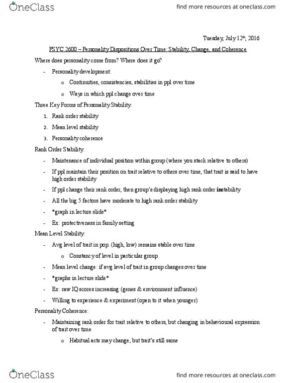 PSYC 2600 Lecture Notes - Lecture 3: Jerome Kagan, Psychosexual Development, Longitudinal Study thumbnail