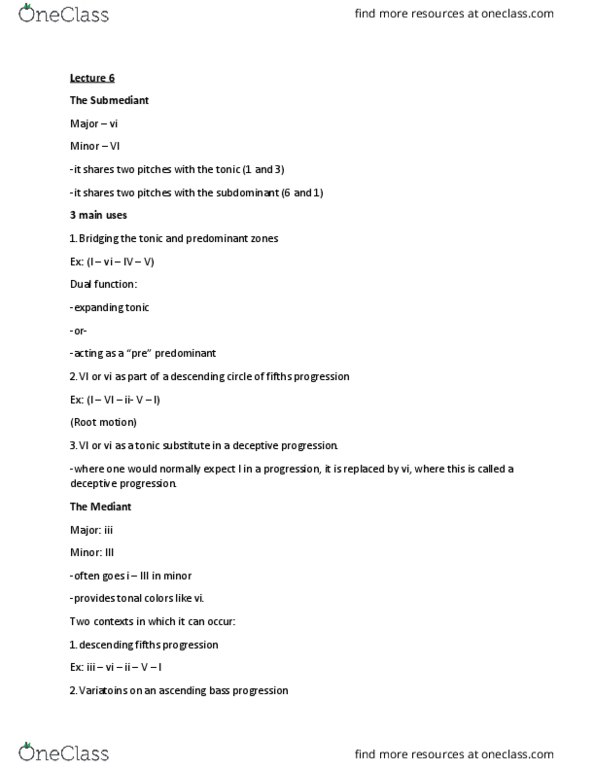 MUSI 15200 Lecture Notes - Lecture 6: Submediant, Subdominant, Mediant thumbnail