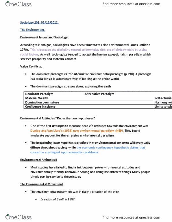 SOCI 201 Lecture Notes - Lecture 7: Love Canal, David Suzuki, Anthropocentrism thumbnail