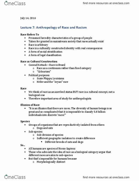 ANTHROP 1AB3 Lecture Notes - Lecture 7: Ashley Montagu, Carl Linnaeus, Franz Boas thumbnail