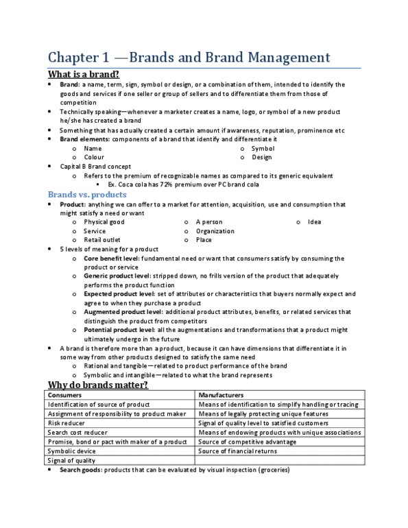 MKT 510 Chapter Notes - Chapter 1: Mantra, Management System, Brand Equity thumbnail