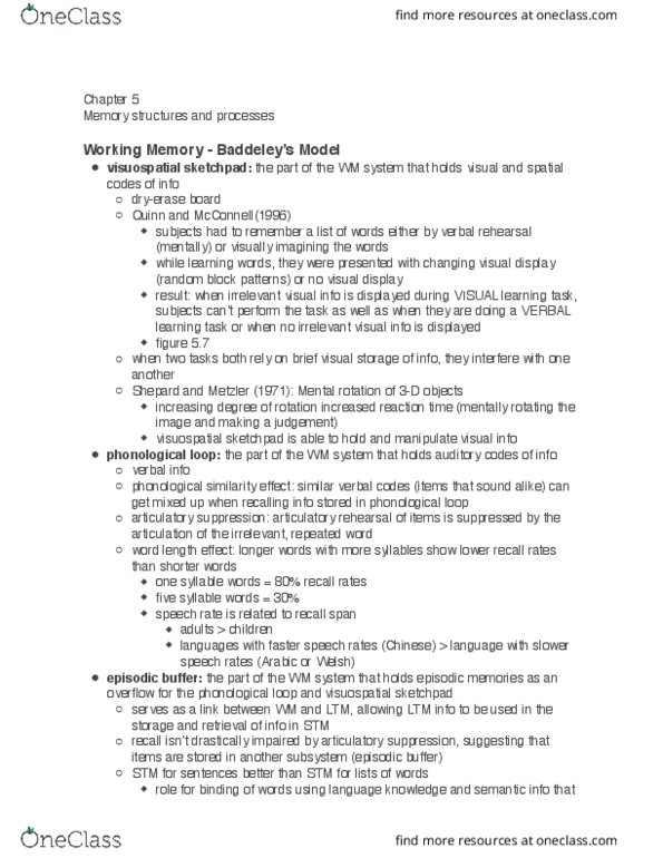 PSYC 365 Chapter Notes - Chapter 5: Baddeley'S Model Of Working Memory, Episodic Memory, Sketchpad thumbnail