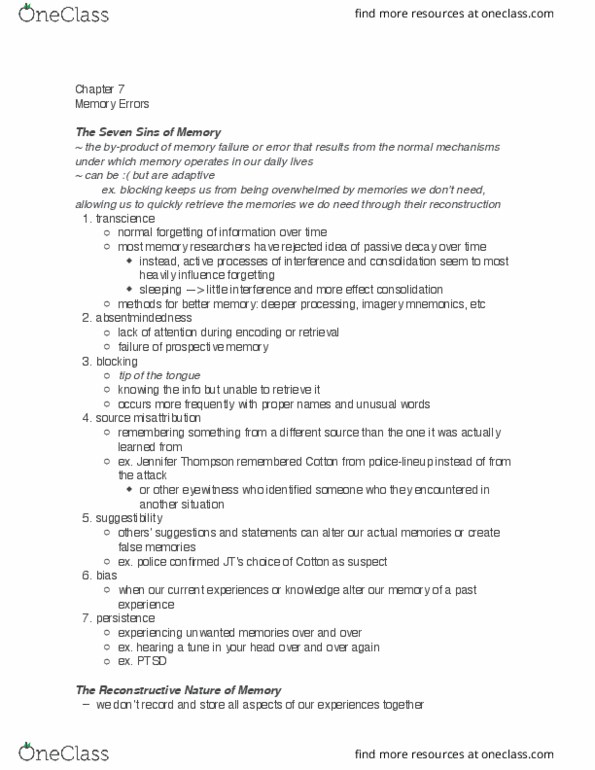 PSYC 365 Chapter Notes - Chapter 7: Eyewitness Memory, Prospective Memory, Free Recall thumbnail