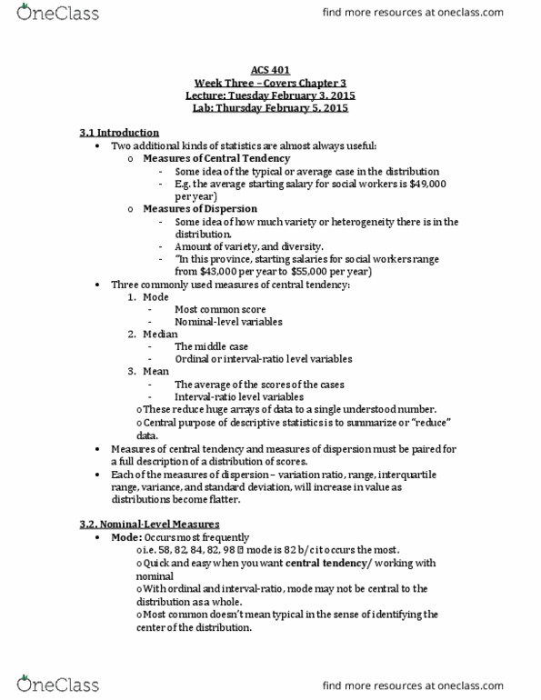 SSH 301 Lecture Notes - Lecture 3: Interquartile Range, Central Tendency, Descriptive Statistics thumbnail