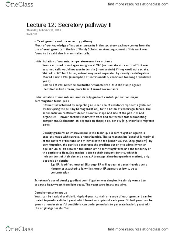 ANAT 262 Lecture Notes - Lecture 12: Differential Centrifugation, Randy Schekman, Secretion thumbnail