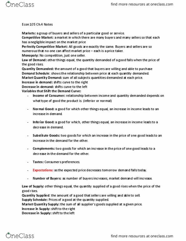 ECON 105 Chapter Notes - Chapter 4: Market Power, Demand Curve, Economic Equilibrium thumbnail