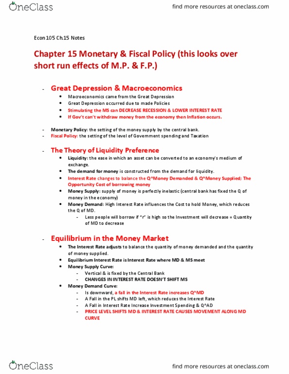 ECON 105 Chapter Notes - Chapter 15: Money Supply, Aggregate Demand, Business Cycle thumbnail