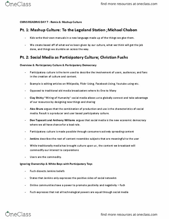 CMNS 353 Lecture Notes - Lecture 7: Michael Chabon, Remix Culture, Richard Dawkins thumbnail