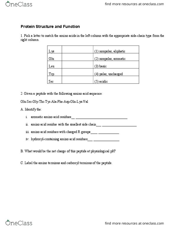 BIOCH200 Lecture Notes - Lecture 3: N-Terminus, C-Terminus, Protein Structure thumbnail