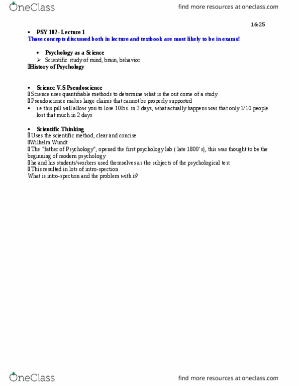 PSY 102 Lecture Notes - Lecture 1: Scientific Method, Psychological Testing, Royal College Of Music thumbnail