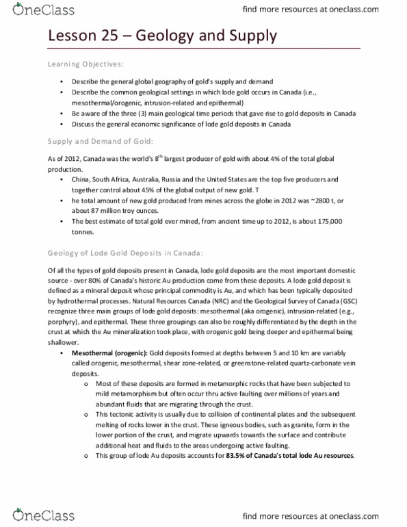 EOSC 118 Lecture Notes - Lecture 25: Mesothermal, Natural Resources Canada, Orogeny thumbnail