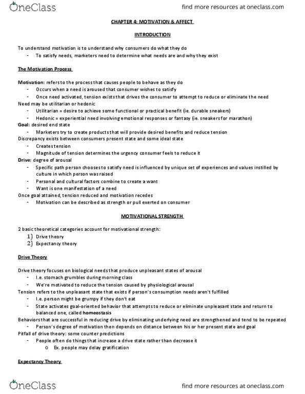 MKTG 4150 Chapter Notes - Chapter 4: Cognitive Dissonance, Drive Theory, Expectancy Theory thumbnail