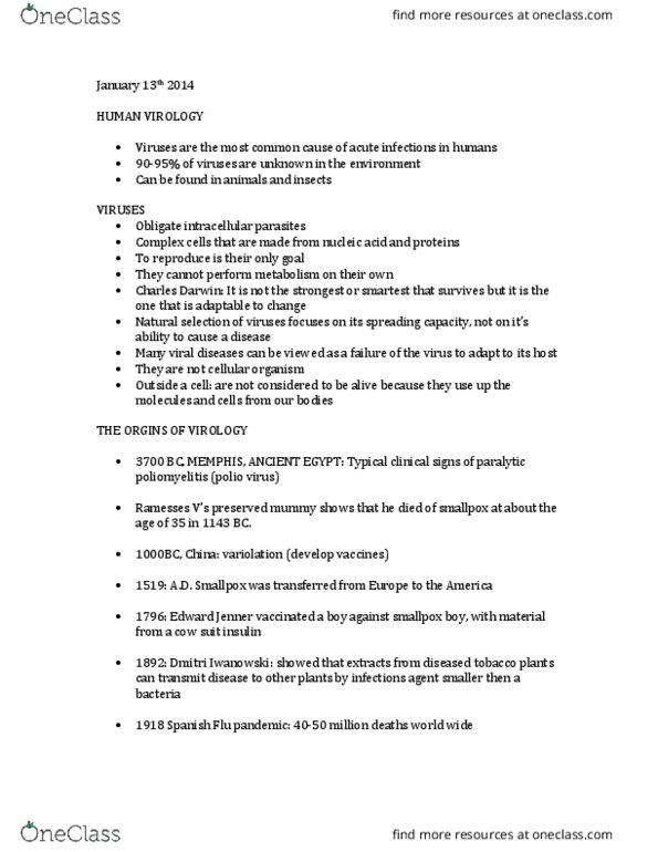 NATS 1570 Lecture Notes - Lecture 1: 1918 Flu Pandemic, Edward Jenner, Viral Envelope thumbnail