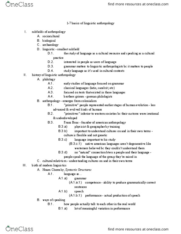 ANTHRO 2D Lecture Notes - Lecture 1: Indigenous Languages Of The Americas, Franz Boas, Linguistic Anthropology thumbnail