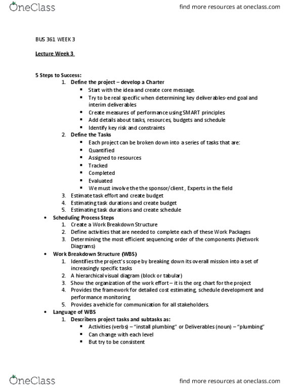 BUS 361 Lecture Notes - Lecture 3: Work Breakdown Structure, Scope Statement, Debt Management Plan thumbnail
