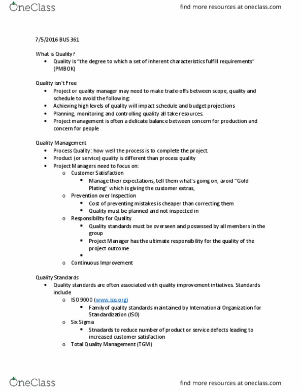 BUS 361 Lecture Notes - Lecture 9: Total Quality Management, Project Plan, Control Chart thumbnail