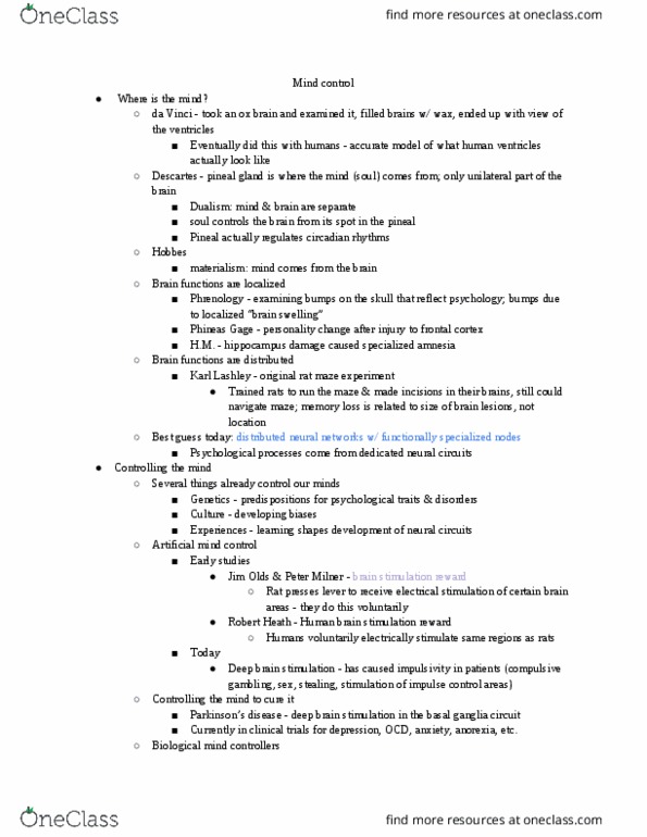 BIO SCI 38 Lecture Notes - Lecture 10: Phineas Gage, Karl Lashley, Pineal Gland thumbnail