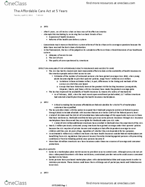 POST 201 Chapter Notes - Chapter 11: Patient Protection And Affordable Care Act, Final Analysis thumbnail
