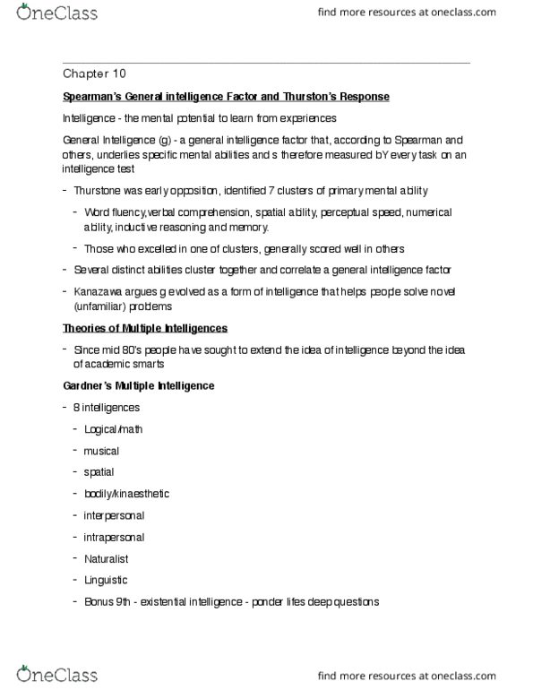 PSYC 102 Chapter Notes - Chapter 10: Intelligence Quotient, Inductive Reasoning, Theory Of Multiple Intelligences thumbnail