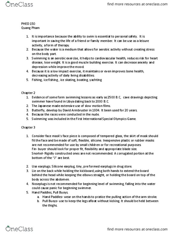 PHED 150 Chapter Notes - Chapter 1-4: American Red Cross, Earplug, Swimming Float thumbnail